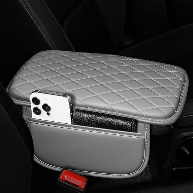 Upgraded Car Center Console Cover Fit for Corolla Cross Faux Leather Car Armrest Cover Cushion with 2 Storage Bags,Car Armrest Storage Box Interior Accessories(Grey&Whiteline)