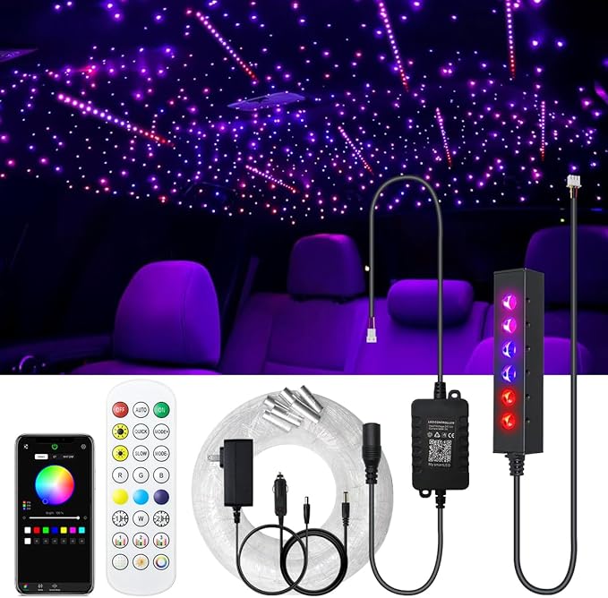 AKEPO 3.2W 6-Hole RGB Colorful Starlight Headliner Kit, APP Control 9.8ft 240pcs*0.75mm/0.03in Optical Fiber Mixed Color Chasing Sound Activated Fiber Optic Lights
