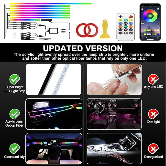 Interior Car LED Strip Lights,Acrylic LED Lights for Car with Dynamic Dreamcolor Chasing,235 inches 8 in 1 RGB Neon Strip Fiber Optic Ambient Lighting Kits with Remote APP, for Inside car Decorations