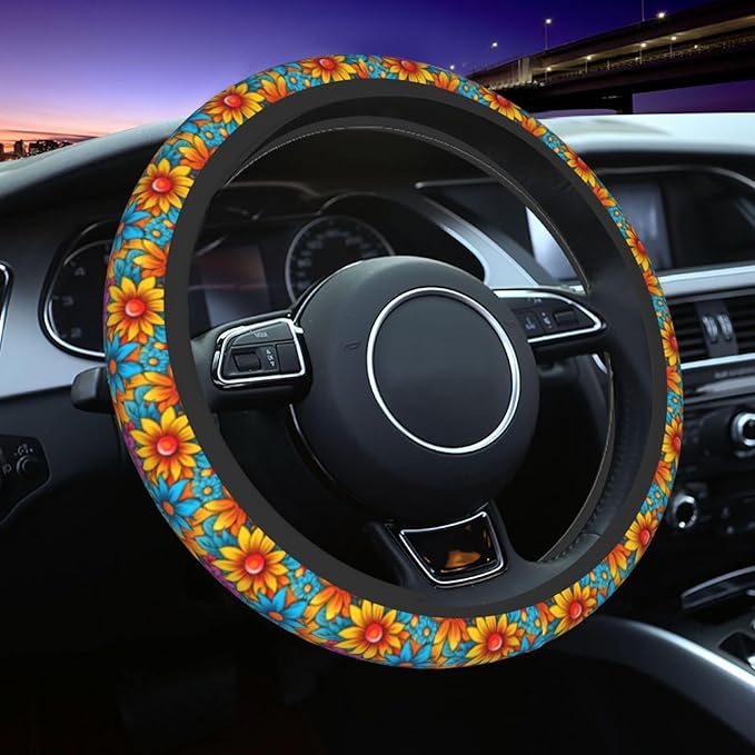 Lovely Flowers Cute Steering Wheel Cover Non-Slip Breathable Sweat-Absorbent Suitable for SUV Van Truck Car Universal Protection Accessories 15 Inch Suitable for Women Men