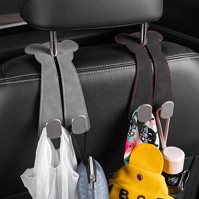 Car Seat Headrest Hook, 2PCS Cute 2 In 1 Vehicle Backseat Hanger Storage Double Hook with Phone Holder, Auto Interior Hanging Organizer Accessories, Universal for SUV Sedan Truck (Grey)