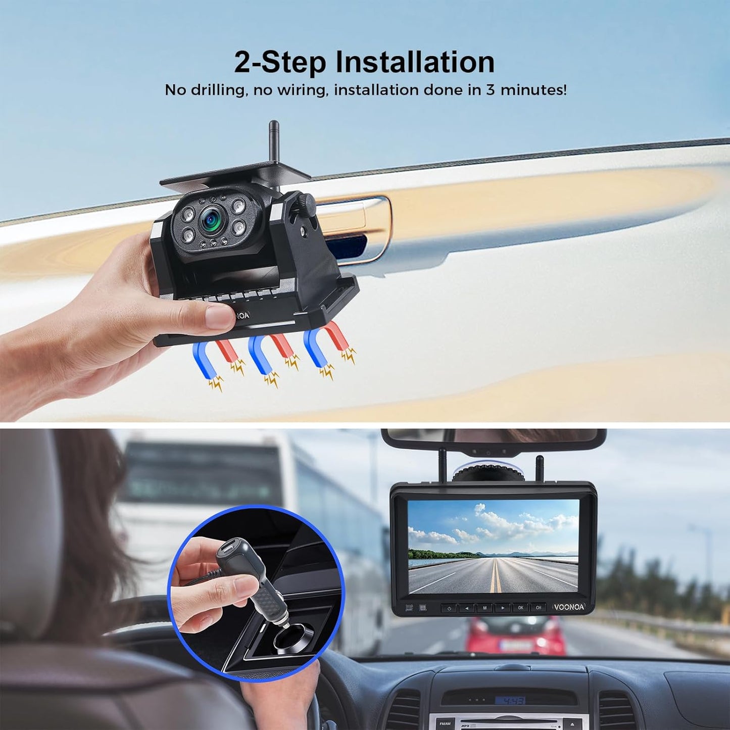 2 Magnetic Wireless Backup Camera with 7'' HD 1080P DVR Monitor System, 9600mAh Rechargeable Waterproof Dual Solar Reverse Camera for Hitch Towing Car Trailer Truck RV VN007