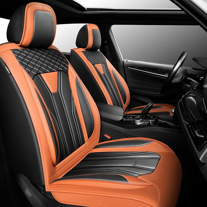 Fit Kona Car Seat Covers for Select Hyundai Kona 2018-2025 2026. Premium Leather, Waterproof， Breathable, Scratch-Resistant & All-Weather Seat Cushion Protector (Front Pair, Orange&Black)
