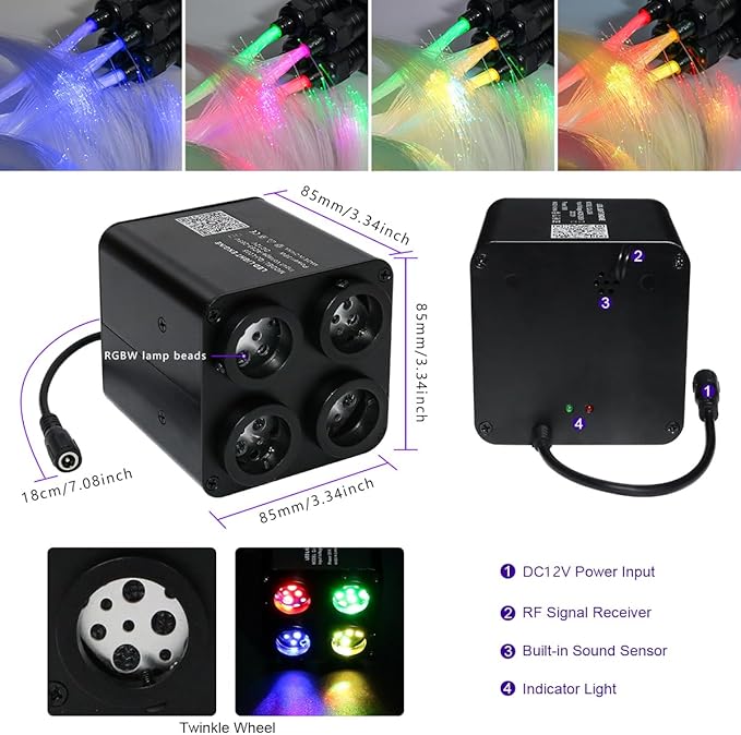 AZIMOM 4Port 36W Twinkle Mixed860pcs 13.1ft Fiber Optic Starlight Headliner Kits 4Colors Light Source Sound Activated Remote APP Control Home Indoor Ceiling Car Headliner Decoration