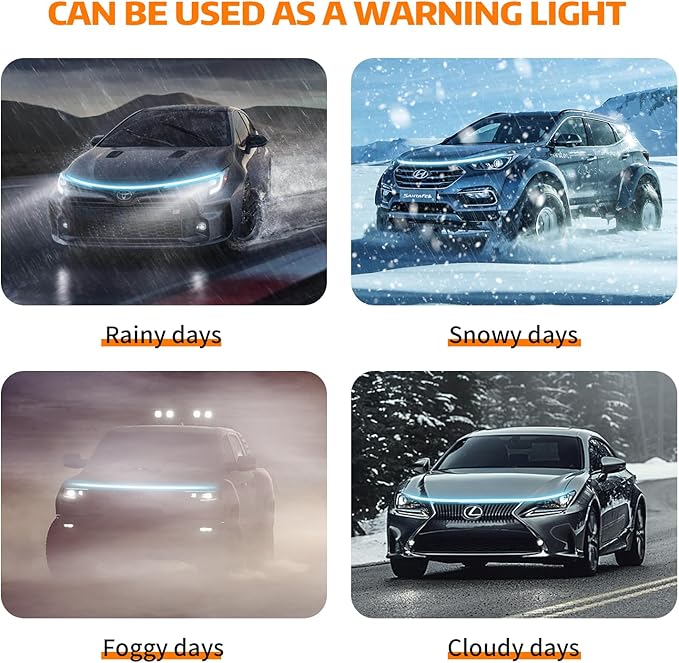 Car Hood LED Light Strip Exterior Flexible Dynamic Scan Daytime Running for Hoodbeam Kit 12v Silicone Waterproof Lights for Cars SUVs(White,59IN)