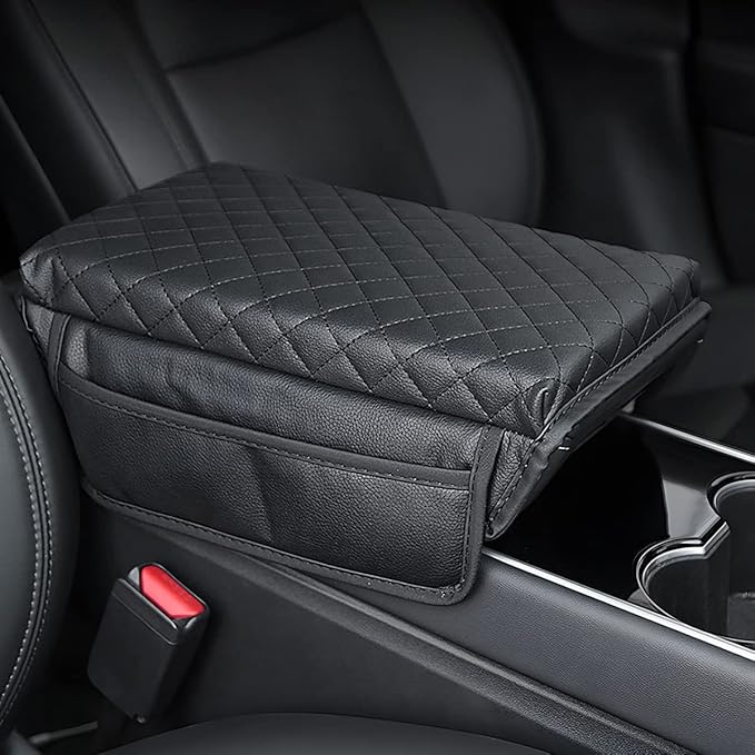 zipelo Car Armrest Cushion, Carbon Fiber Leather Auto Center Console Pad, Memory Foam Armrest Box with Storage Bag, Hand Rest Pillow with Organizer Pockets, Universal Fit for Most Vehicles (Red)