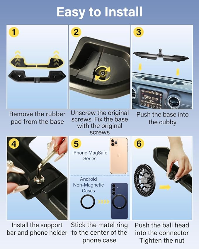 Phone Holder for Jeep Wrangler JL JLU 2018-2023/Gladiator JT 2020-2023 Accessories Magnetic Phone Mount for MagSafe, Magnets Dashboard Mount Phone Holder Dash Tray (Only for 4X4, Not for 4XE)