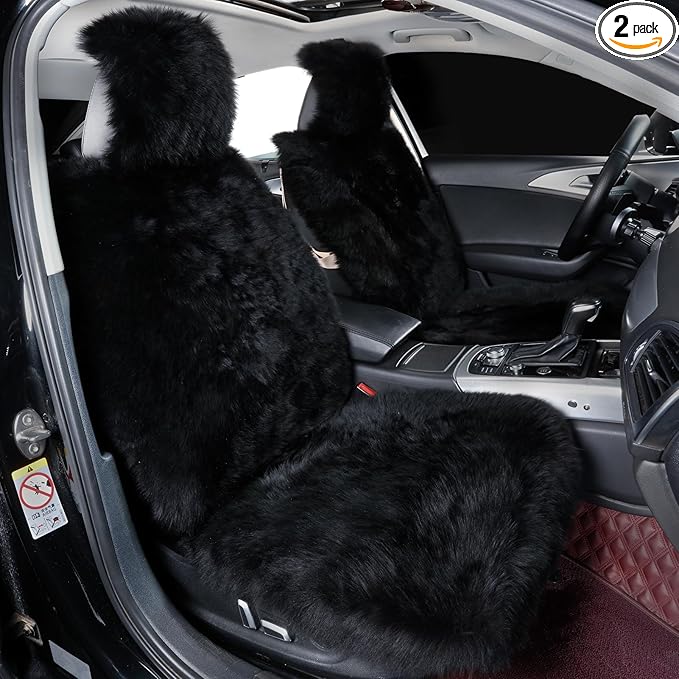 OGLAND 2 Pack Fluffy Sheepskin Car Seat Cover-Fuzzy Fur Auto Cushion for Universal Automotive Protector (Black, 2 Pcs Front Seat Cover)