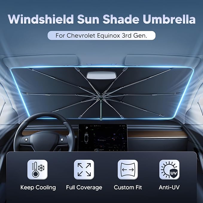 Autorder Windshield Sun Shade Umbrella for 2018-2024 Chevy Chevrolet Equinox Accessories,Upgraded Ice Crystal Material,Easy Setup Umbrella Sunshade for Car Windshield,100% Sun Blocking