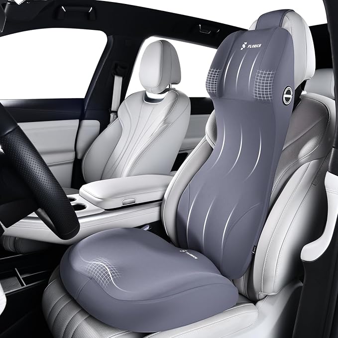 FLORICH Ergonomic Car Seat Cushion and 2-in-1 Lumbar Support Pillow Headrest Memory Foam Car Cushion Back Support Neck Pillow Driving Lumbar Seat Cushion for Truck Driver Sciatica Pain Relief, Blue