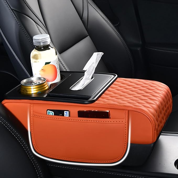 Car Center Console Armrest Pad, Arm Rest Box Cushion with Ergonomic Height Boost, Storage Pockets, Built-in Tissue Box, Cupholder, Fit for Most Sedan Vehicles (Embroidery Water Ripple, Black-Red)