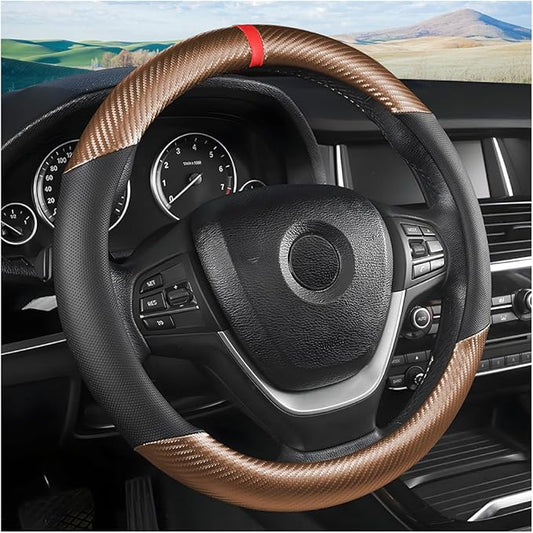 Moly Magnolia Carbon Fiber Steering Wheel Cover, Universal 15 inch Breathable Anti Slip, Fit Most Cars, Trucks, SUV (Carbon Fiber Coffee)