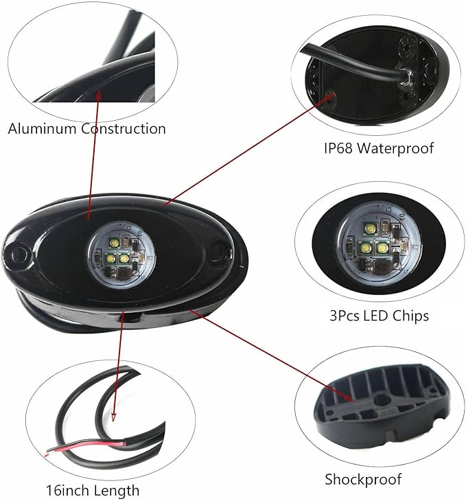 4 Pods LED Rock Light for Jeep ATV SUV Offroad Car Truck Boat Underbody Glow Trail Rig Lamp Underglow LED Neon Lights Waterproof 12V 24V - Red
