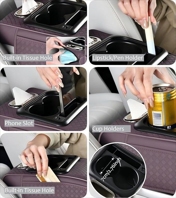 2026 Enhanced Car Center Console Armrest Cushion with USB& Type-C Charging, PU Leather Console Pad with Cup Holders, Storage& Tissue Outlet for Most Vehicles (Sloped Version, Black)