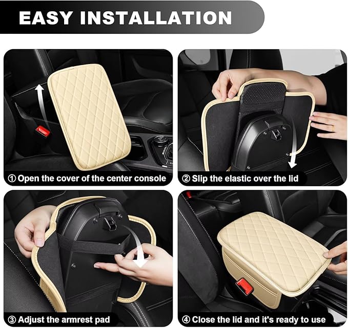 Upgraded Car Center Console Cover Fit for Avalon Faux Leather Car Armrest Cover Cushion with 2 Storage Bags,Car Armrest Storage Box Interior Accessories(Beige&Whiteline)