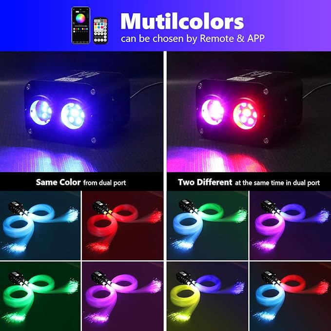 AMKI Dual Color 20W Twinkle Starlight Headliner Kit 1300pcs 0.03in 13.1ft Fiber Optic Star Ceiling Light Sound Activated Music Mode APP/Remote Control Dual Port Light Box for Car Home Roof Decor