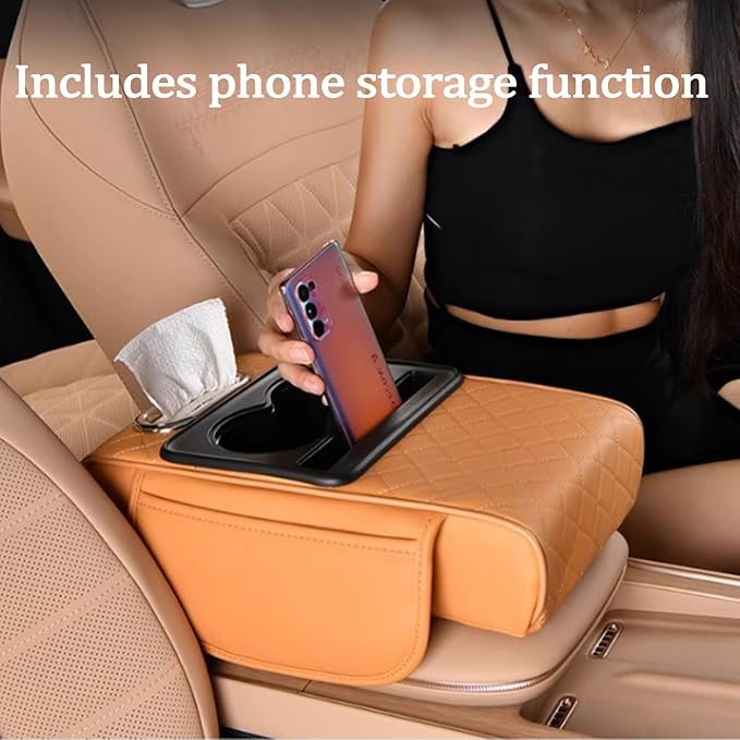Multifunctional Pu Leather Car Armrest Box Mat, 5-In-1Multifunctional Car Armrest Cushion, Car Arm Rest Cover Pad, Center Console Organizer with Cup Holder, Tissue Box & Phone Slot (Orange)