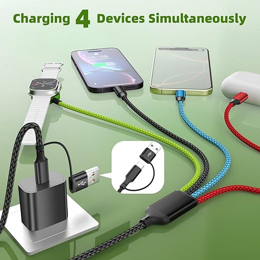Travel Essentials Watch Charger, 4 in 2 Multi Charging Cable with Dual Type-C, USB A/C Travel Charger for Multiple Devices for iWatch Ultra/SE/11-2, iPhone 17-11, Galaxy S25-21, iPad (2PACK 5FT)