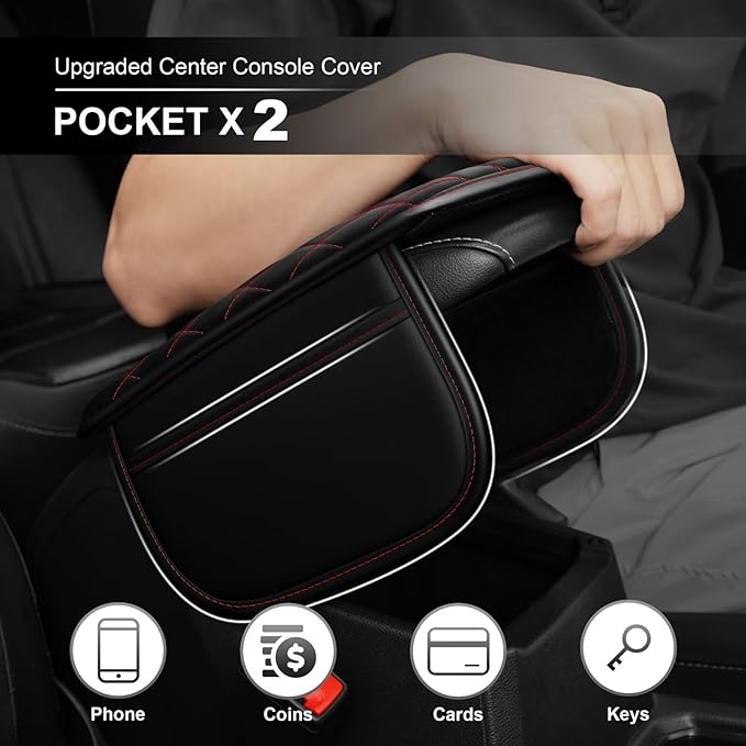 Upgraded Car Center Console Cover Fit for Venza Faux Leather Car Armrest Cover Cushion with 2 Storage Bags,Car Armrest Storage Box Interior Accessories(Black&Redline)