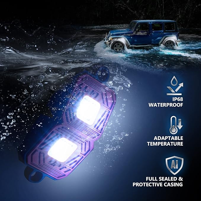 OPT7 Photon Pure White LED Magnetic Rock Lights - 8 Pods w/Mahnet Mounts - Wide Angle Underglow Lighting Kit, IP68 Waterproof for Offroad Jeep RZR ATV UTV SUV - Truck Decorations