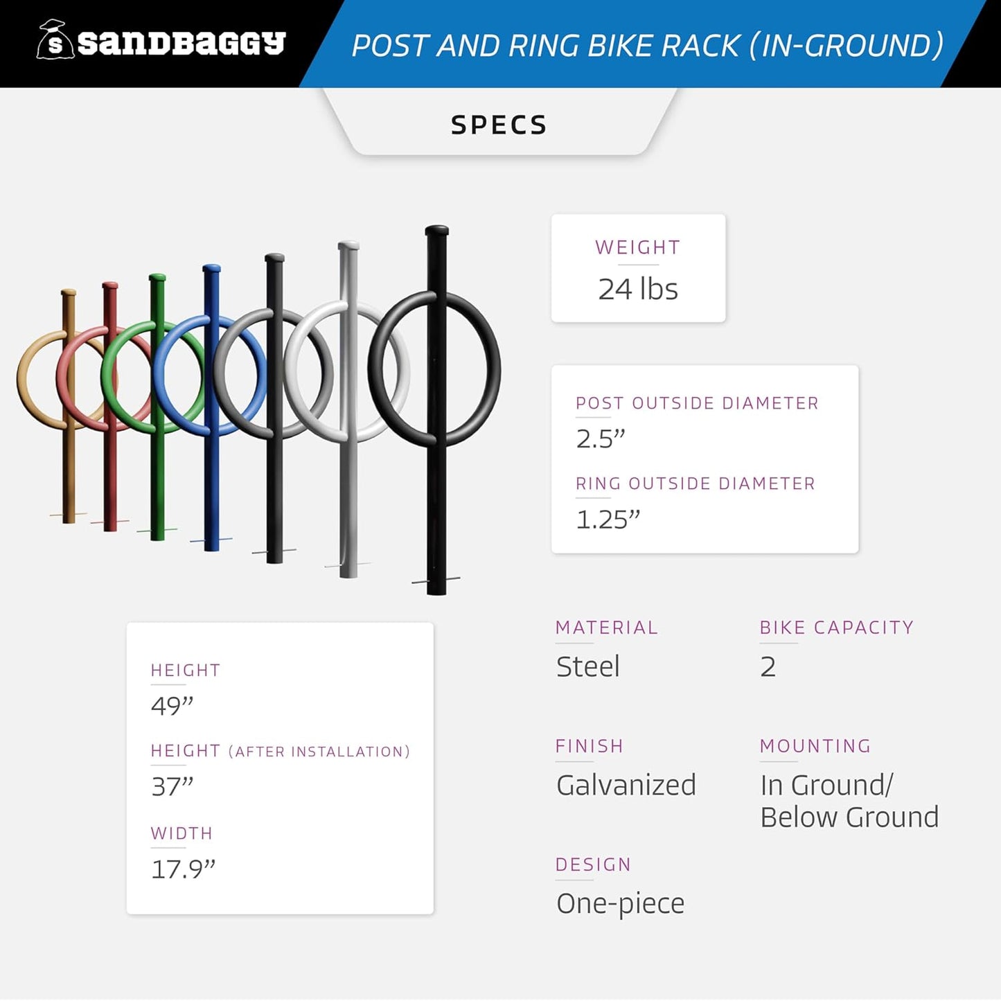 Sandbaggy Post and Ring Rack - In Ground - Commercial Outdoor Bike Parking & Storage Racks (Black, 2)