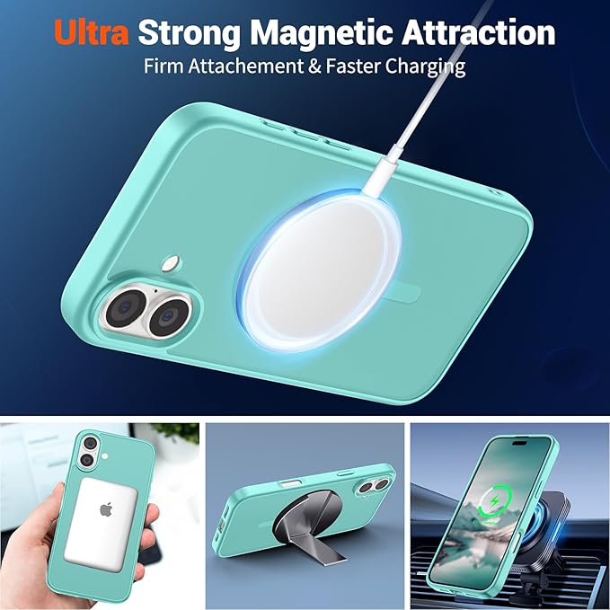 SUPFINE Magnetic for iPhone 16 Plus Case with Screen Protector (Compatible with MagSafe) (Military Grade Drop Protection) Translucent Matte Shockproof with Anti-Fingerprint Phone Case, Blue Green