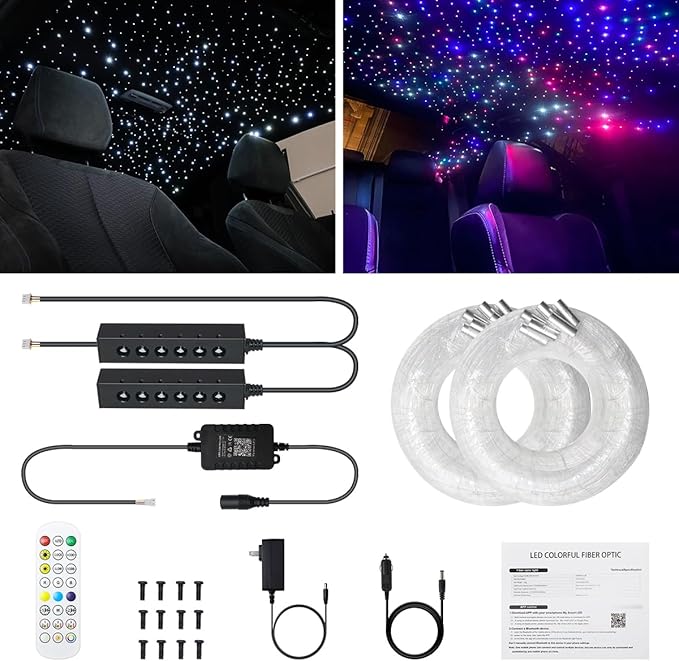 AZIMOM 6LED Colorful Fiber Optic Starlight Headliner Kits 720pcs*0.03in*13.1ft Fiber Strands APP& Remote Control Mix Color Chase Timing Fiber Optic Star Light for Car Home Sky Star Decoration