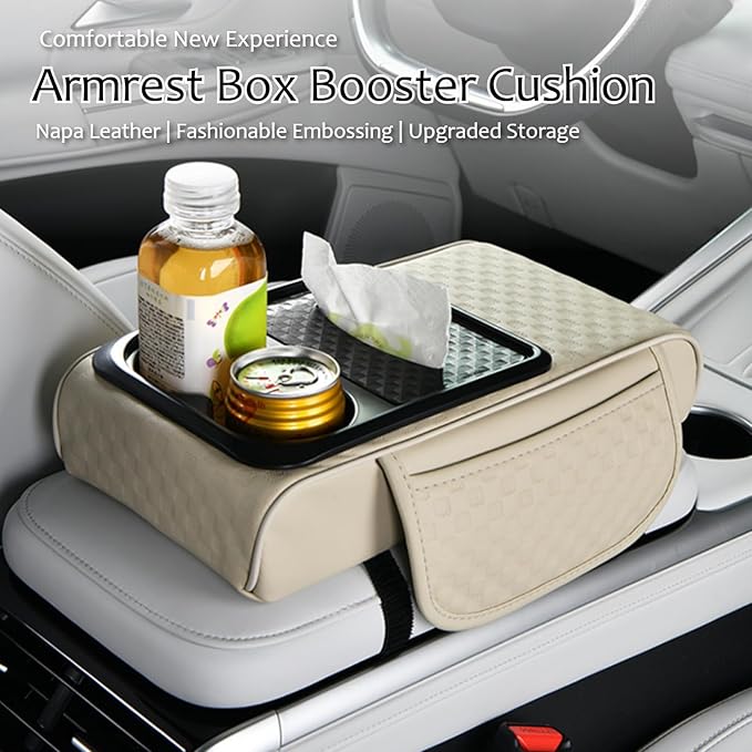 Car Center Console Armrest Pad, Arm Rest Box Cushion with Ergonomic Height Boost, Storage Pockets, Built-in Tissue Box, Cupholder, Fit for Most Sedan Vehicles (Embossing Checkerboard, Grey)