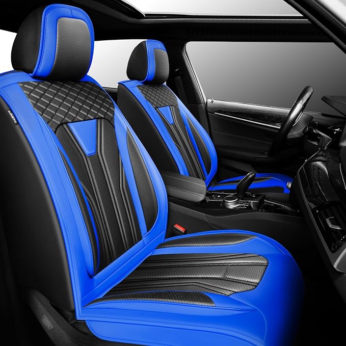 Fit Juke Car Seat Covers Compatible with Nissan Juke 2012-2015 2016 - Premium Leather， Waterproof Breathable， All-Weather Seat Cushion Protecto&Airbag Compatible (2 Front Seat Blue&Black)