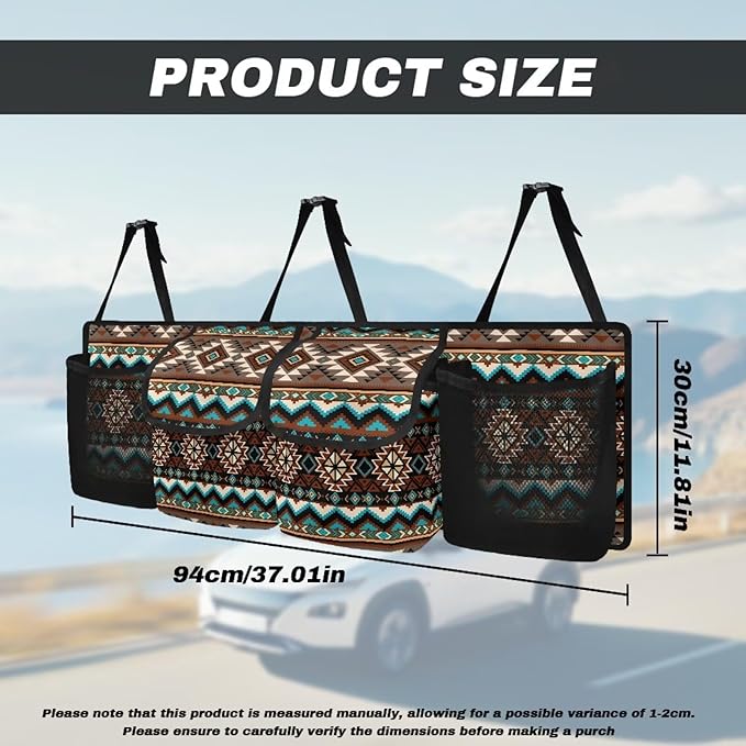 Tribal Aztec Print Car Trunk Organizer and Storage, Backseat Hanging Organizer for SUV, Truck, Waterproof Cargo Storage Bag with 4 Pockets, Car Interior Accessories