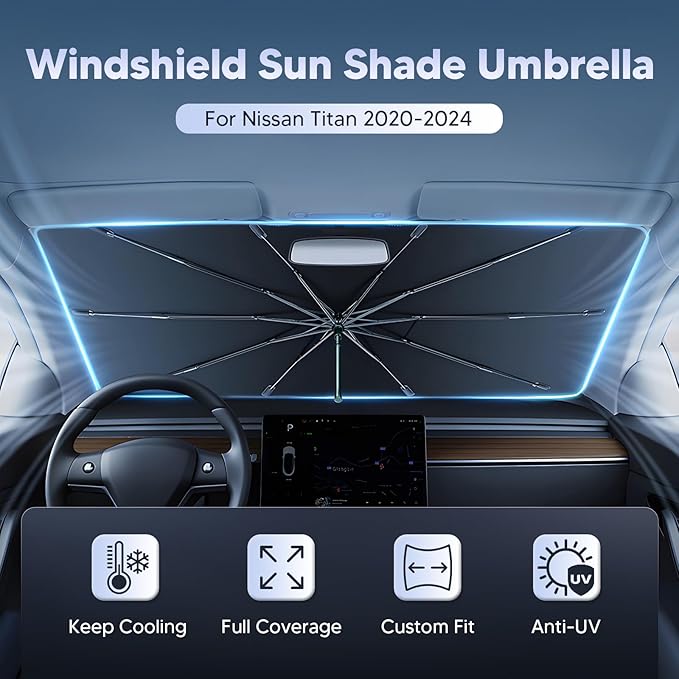 Autorder Windshield Sun Shade Umbrella for 2020-2024 Nissan Titan Accessories,Upgraded Ice Crystal Material,Easy Setup Umbrella Sunshade for Car Windshield,100% Sun Blocking