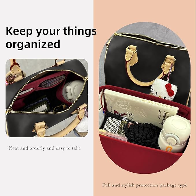 DGAZ Silk Purse Organizer Insert Fits LV Speedy 16/20/25/30/35/45 bags，Silky Smooth Bag Organizer，Luxury Handbag & Tote Shaper（Wine Red，SP30）