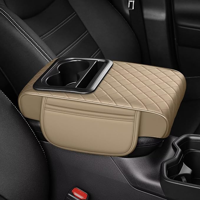 Center Console Cover Fit for Camry Faux Leather Car Armrest Cushion with Storage Bags, Cup Holder ＆ Phone Storage Multifunctional Middle Console Cover(Beige)