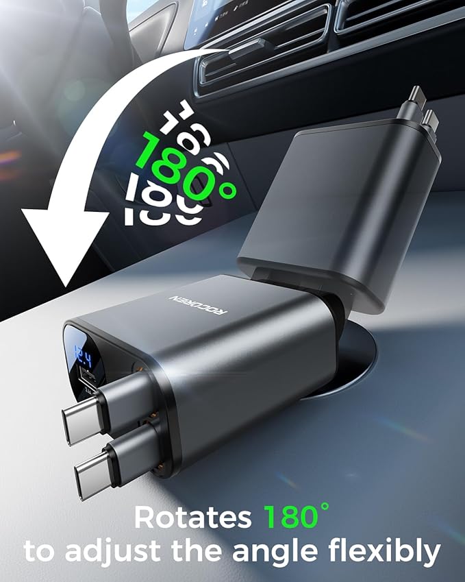 Retractable Car Charger for iPhone 17,Rocoren 4 in 1 USB C Car Charger Fast Charging with Dual 2.62Ft Type-C Cable,69W Car Phone Charger,Road Trip Essentials,Car Accessories for iPhone 16,iPad,Android