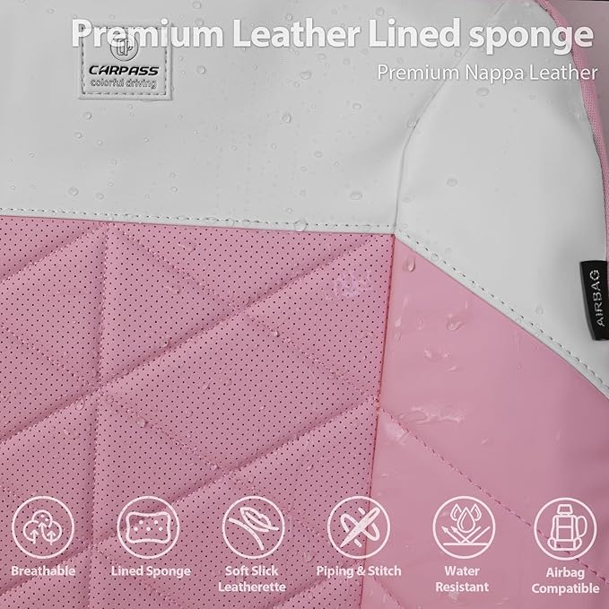 CAR PASS Nappa Leather Seat Covers for Car, Waterproof Seat Covers Full Set, Luxury 3D Rhombus Lined Sponge Airbag Compatible Universal Fit for Automotive SUV Truck Pickup Sedan, Pink White