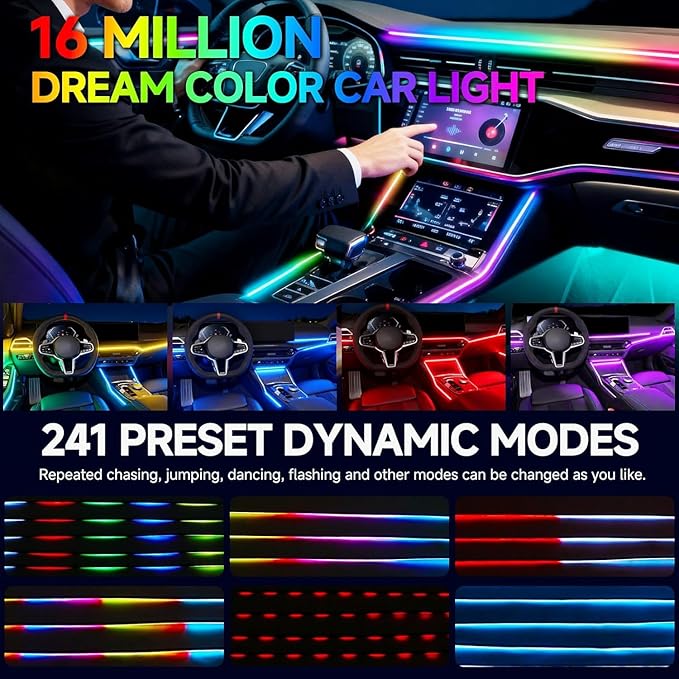 Interior Car LED Strip Lights,Acrylic LED Lights for Car with Dynamic Dreamcolor Chasing,175 inches 10 in 1 RGB Neon Strip Fiber Optic Ambient Lighting Kits with Remote APP,for Inside car Decorations