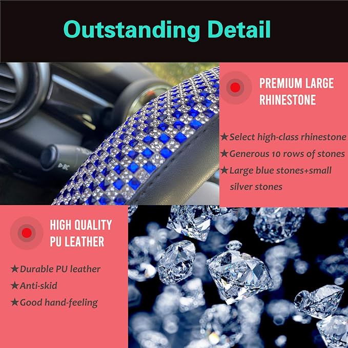 PINCTROT Bling Bling Comfy Steering Wheel Cover with Jumbo Crystal Rhinestones, Anti-Slip Diamond Leather, Universal 15 Inch (Blue)