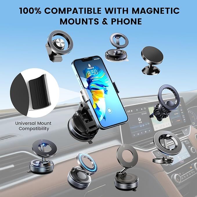 Phone Clamp for Magnetic Car Phone Holder, Aviation Aluminum Silver - No Magnetic Case & Rings Needed, Enhanced Suction & Magnetic, Compatible with All Magnetic Mount