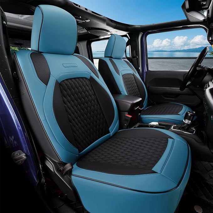 Coverado Seat Covers for Jeep Wrangler, Waterproof Leather Car Seat Covers for Truck Automotive Seat Covers Custom Fit for 2018-2024 Jeep Wrangler JL Seat Covers 2-Door/4-Door Full Coverage (Blue)