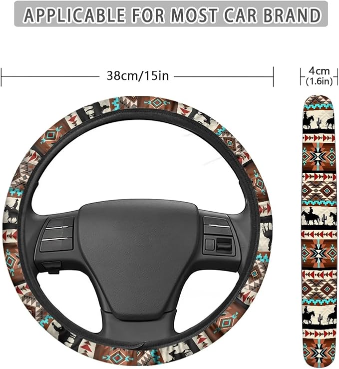 SEANATIVE Western Aztec Horse Universal Steering Wheel Cover, Silicone, 15 inches, Non-Slip, Soft, Easy to Disassemble