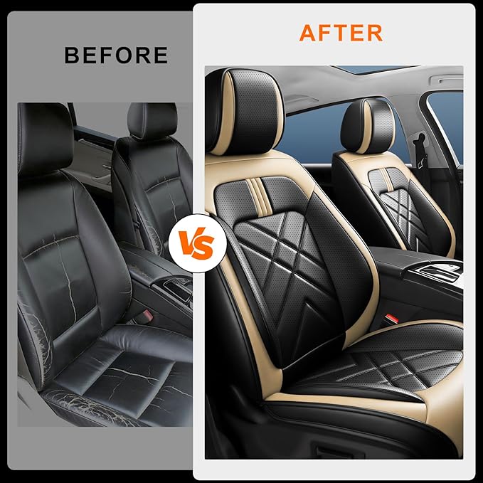 CX-7 Car Seat Covers Fit for Mazda CX-7 2007-2012, Full Coverage Premium Leather Waterproof Breathable Seat Covers, Automotive Seat Protectors, Airbag Compatible(2 Front Seats, Black Beige)