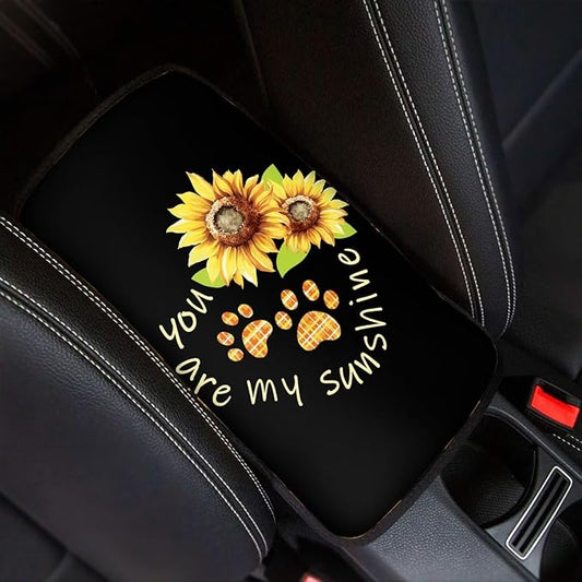 UNICEU Sunflower Dog Paw Car Center Console Cover for Most Vehicle SUV Truck Easy to Install Auto Armrest Seat Storage Box Mat Dust Proof Scratch Proof Auto Interior Set