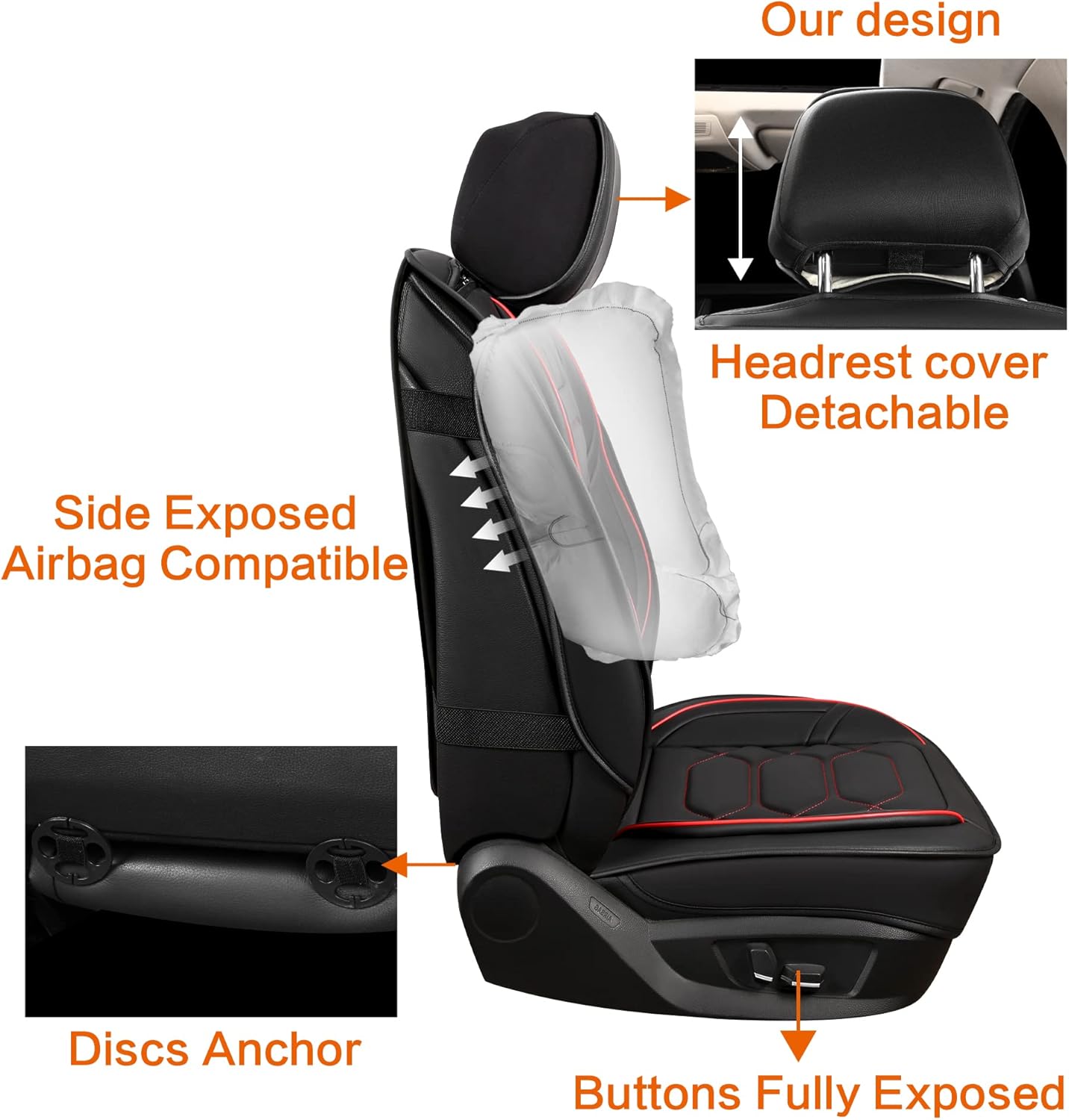 Pariitadin Leather Car Seat Covers Front Pair, Waterproof Faux Leather Seat Covers for Cars, Non-Slip Car Interior Covers Universal Fit for Most Cars Sedans Trucks SUVs, Black/Red