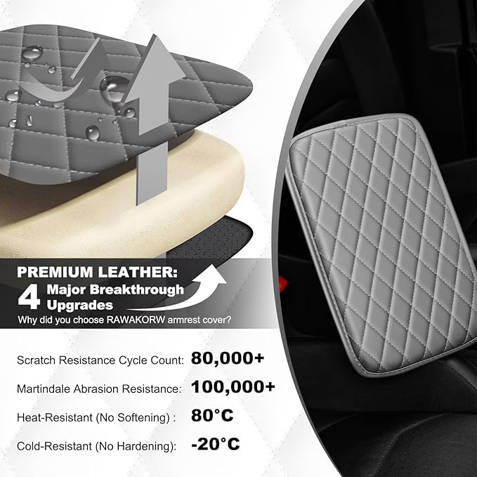 Upgraded Car Center Console Cover Fit for Camry Faux Leather Car Armrest Cover Cushion with 2 Storage Bags,Car Armrest Storage Box Interior Accessories(Grey&Whiteline)