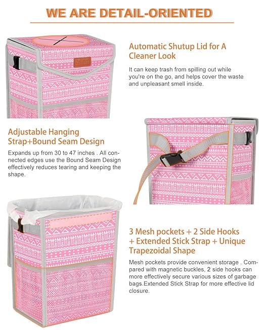 Pritent Car Trash Can with Lid, Cute Leakproof Car Trash Garbage Bag Hanging Vehicle Trash Bin Small Portable Automotive Garbage Cans Organizer for Back/Front Seat/Console(Trapezoid,Pink Print)