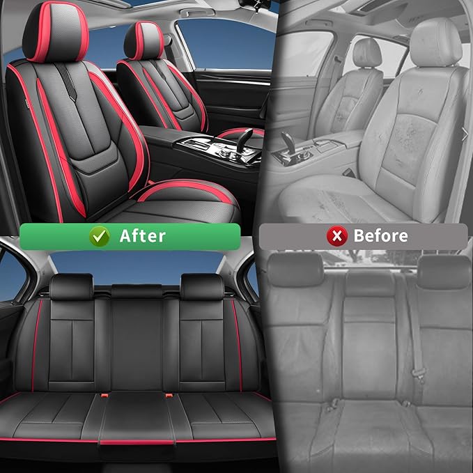 Fit Avalon Car Seat Covers for Toyota Avalon 2001-2024 2025 2026 -Upgraded Premium Waterproof & Breathable Leather,Airbag Compatible,All-Weather Seat Cushion Protector,Full Set,Black-Red