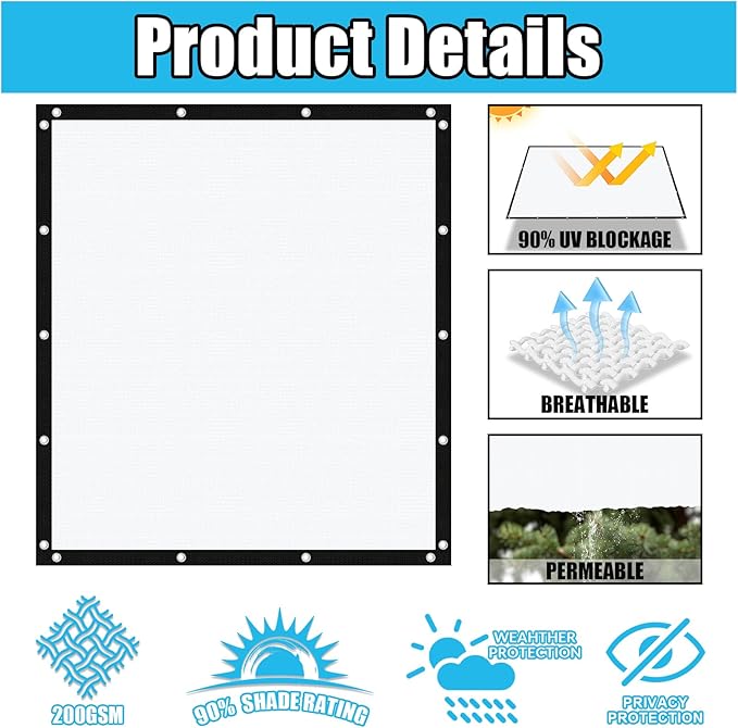 Amagenix 90% Pergola Shade Cover 5' X 14' Sun Shade Cloth with Grommets for Outdoor Garden Patio Porch, Commercial Grade 200 GSM - Cable Zip Ties Included (We Customized) GN108, White
