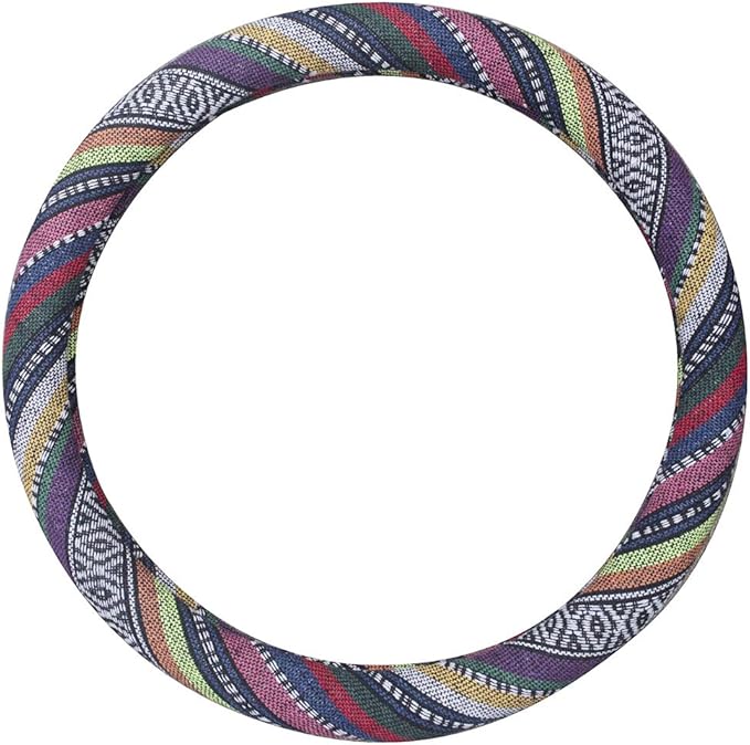 Small Ethnic Style Coarse Flax Cloth Automotive Steering Wheel Cover Anti Slip and Sweat Absorption Auto Car Wrap Cover (14''-14.25, B)