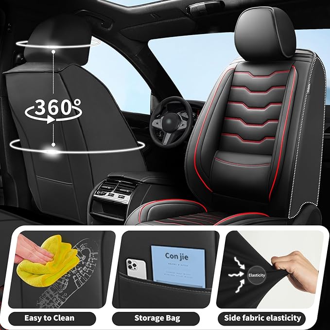 Fit Versa Car Seat Covers Compatible with Nissan Versa 2008-2025 2026 - Full Set Premium Leather， Waterproof Breathable， All-Weather Seat Cushion Protecto&Airbag Compatible（Red Line Black