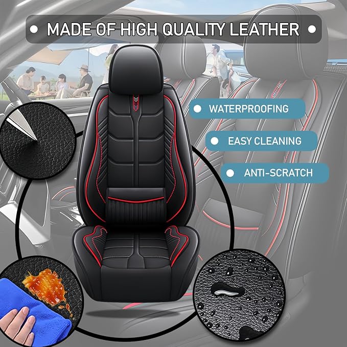 Leather Car Seat Covers Fit for Toyota Mirai 2016-2024, 5 Seater Car Seat Cover, Premium Waterproof, Scratch Resistant Car Interior Accessories (Full Set Black Red)